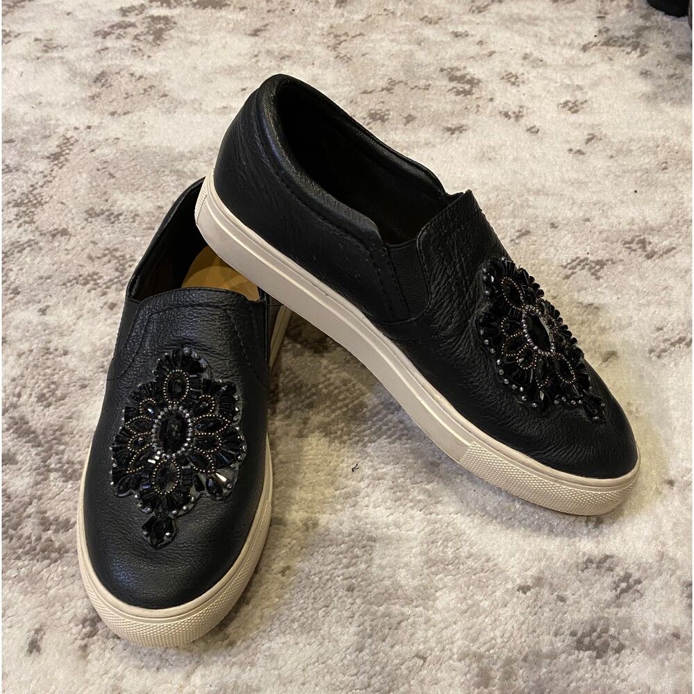 Brighton Spark Leather Slip-On Sneakers Black Jeweled Medallion Sz 9